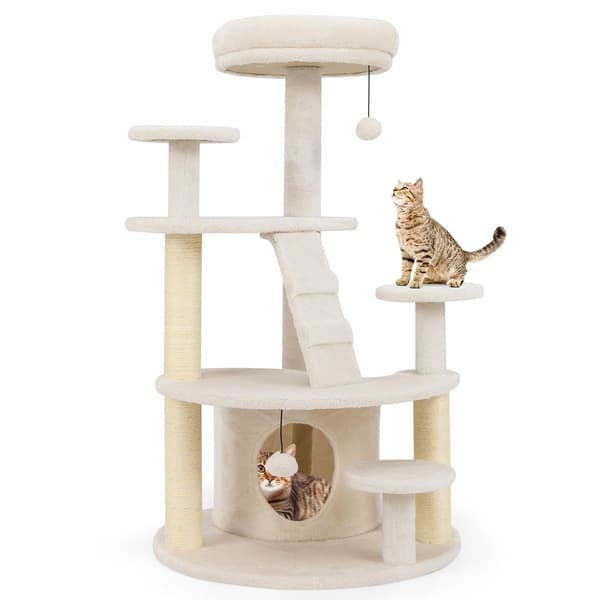 Kattträd med grotta, stege och leksaker – Beige, Multi-Level