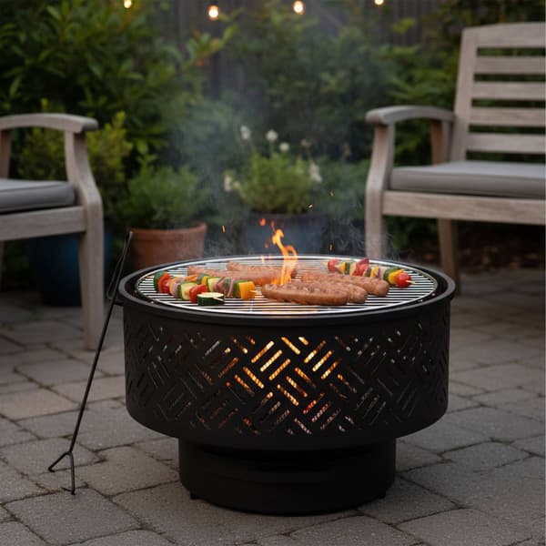 Bålskål med låg og grill – sort, til havebrug