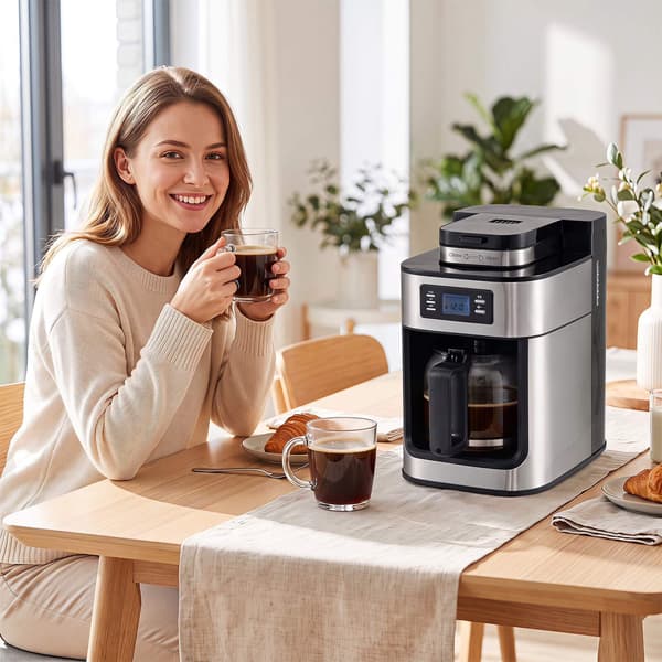 8-koppars kaffebryggare med kvarn och timer, glaskanna