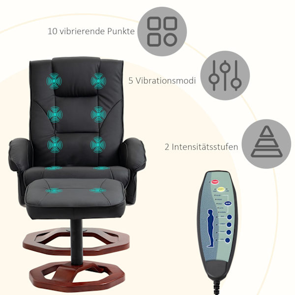 Massagestol, hvilestol med fodskammel, afslapningsstol, hvilefunktion, tv-stol, lænestol, 360° drejelig, imiteret læder, 73 x 83 x 106 cm