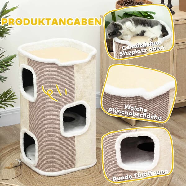 Kradsetræ til katte, 3 niveauer, blødt plys, beige