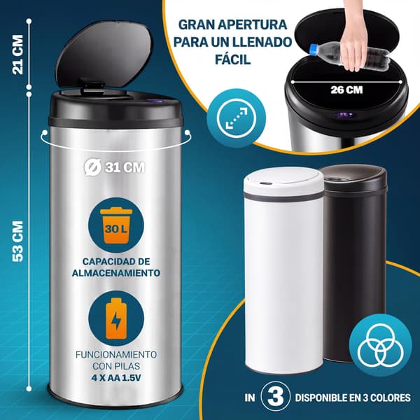 Sensor-affaldsbeholder, hvid rustfrit stål, 30L