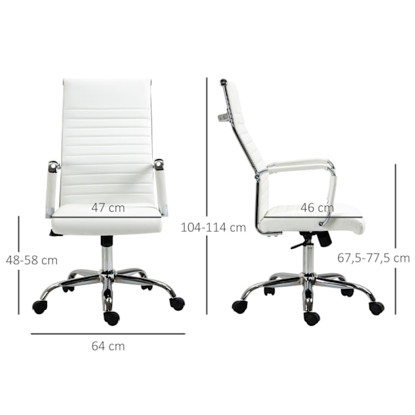 Kontorstol med vippefunktion, stålfødder, ergonomiske, 360° drejelige hjul, imiteret læder, bæreevne 120 kg, 54 x 62 x 104-114 cm, hvid