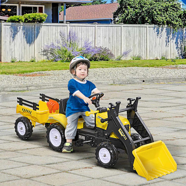 Poljintraktori Perävaunulla, Poljinauto Lapiolla, Lastenajoneuvotraktori 3-Vuotiaille Ja Sitä Vanhemmille Lapsille, Keltainen
