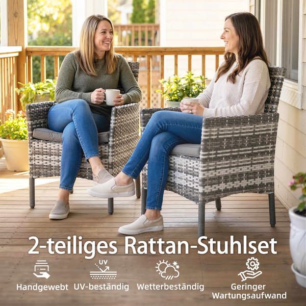 Trädgårdsstolar i rotting, grå, vadderade, väderbeständiga