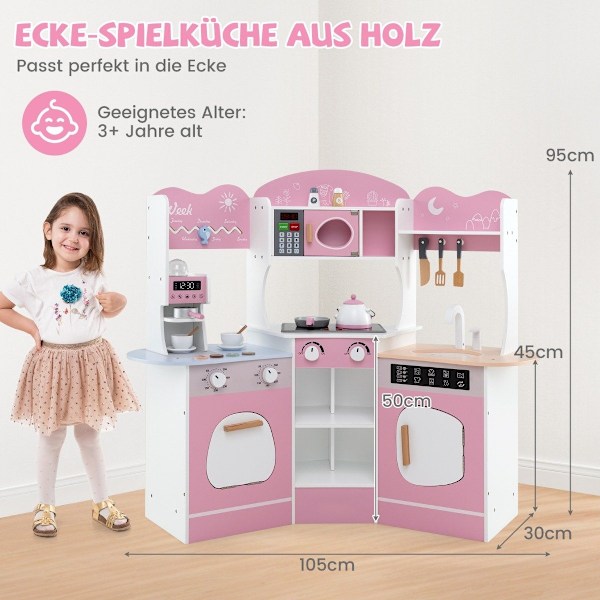 Hörnlekök i trä med ljud &amp; Ljus &amp; Kaffemaskin &amp; Slide Toddler Kitchen Lekset Rosa