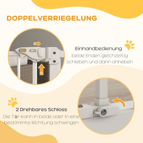 Dörrsäkerhetsgrind för hundar, spärrgrind, 74-80 cm, trappgrind för husdjur, hundgrind, skyddsgrind utan borrning, metall, plast, vit