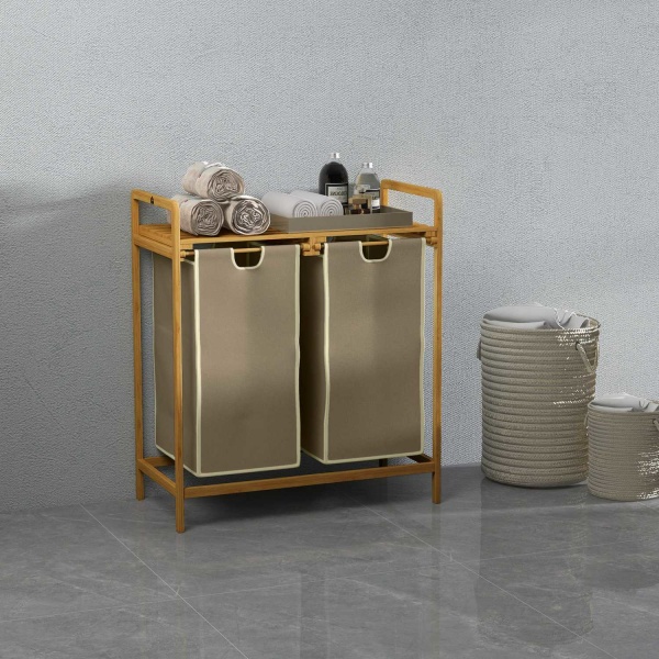 Vasketøjskurv Vasketøjsboks Med 2 Aftagelige Vasketøjsposer Vasketøjskurv Til Badeværelse Bambuscreme 63,5 X 33 X 73 Cm