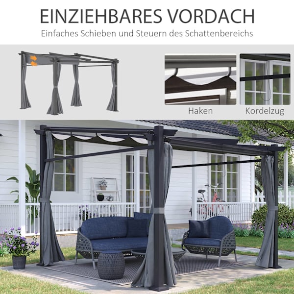 Pergola 2,97X2,95M Vandafvisende Lysthus Med Solsejl Og Sidepaneler, Polyester, Mørkegrå
