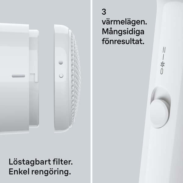 Hårtork 1800W, 3 värme- och hastighetsinställningar, Diffusor