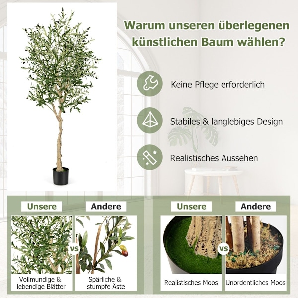 Kunstigt oliventræ med 1296 blade & 72 frugter olivenplanter 182 cm