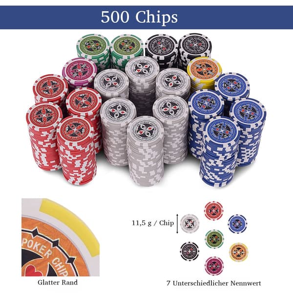 500-delt pokersæt med chips, kort, terninger og etui