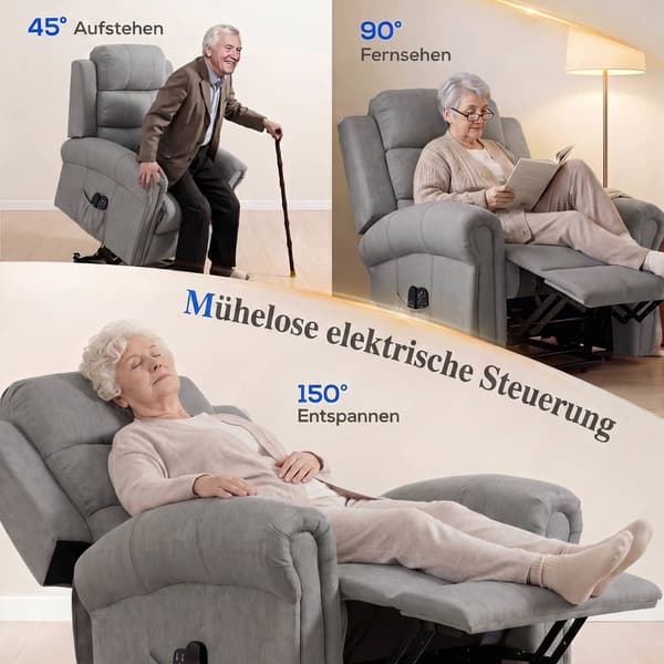 Elektrisk fåtölj med lyft, massage och värme, ljusgrå