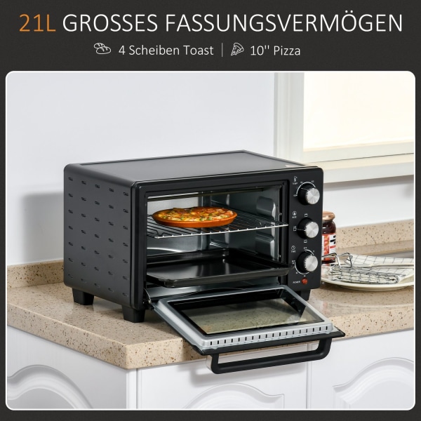 Miniuuni 21L, 3 Kypsennystilaa, 100°C-230°C, 1400W, Ruostumaton Teräs & Lasi, Musta+Hopea, 46,4X38X28,5Cm