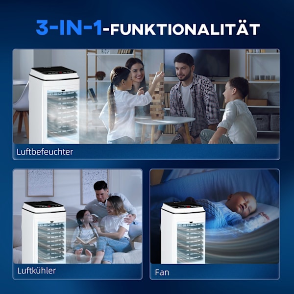 3 in 1 -mobiili-ilmastointi ilmankostutuksella vesijäähdytys 60° värähtelevä 4L ilmastointilaite 8h ajastimella, lepotilat, 75W ilmanjäähdytin kaukosä