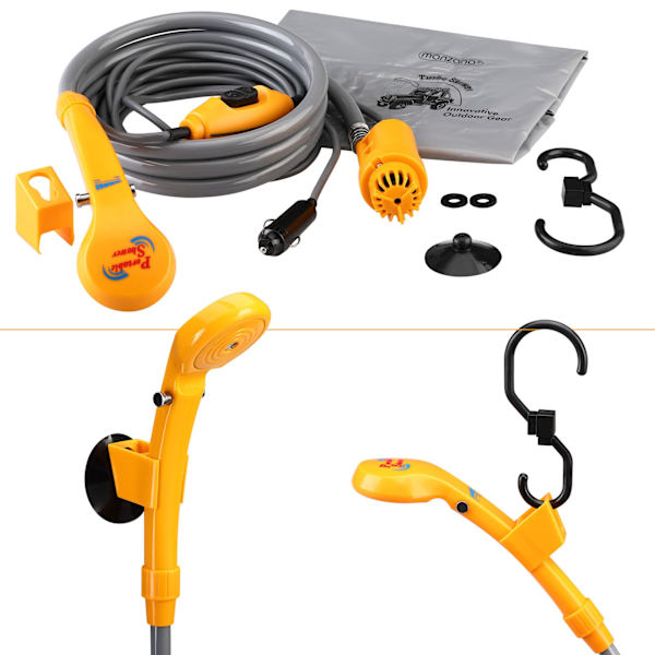 Bärbar 12V campingdusch, 5m kabel, justerbart tryck