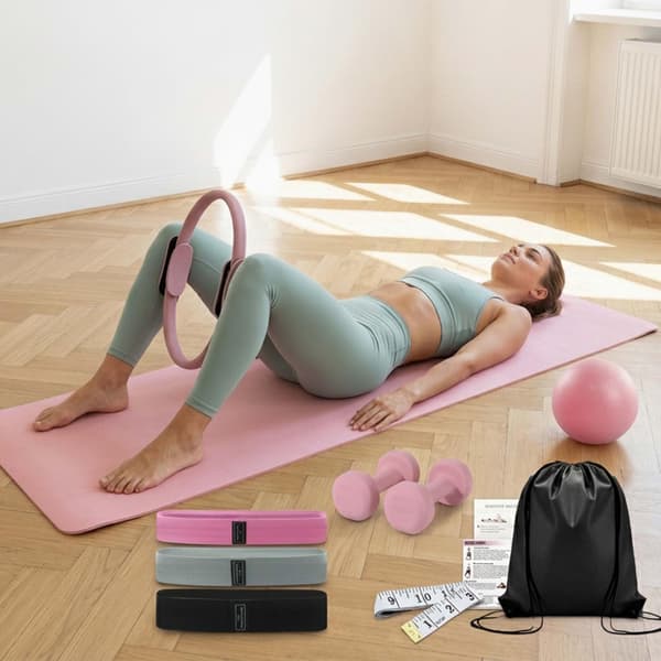 11-delt Pilates-sæt med ring, bold, elastikker og håndvægte