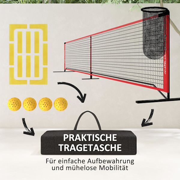 Pickleball Net Portable Set 6,7 m Pickleball System med nät, Court Marking Set, bollsamlare, fyra bollar och bärväska för utomhusbruk, uppfart