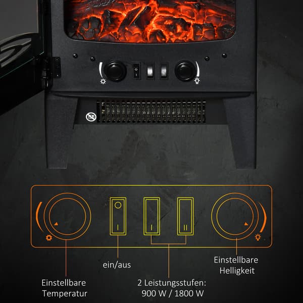 Elektrisk pejsevarmer, 900W/1800W, 3-sidet visning