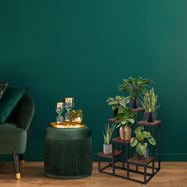 Loft plantestativ, stålramme, rustikke egetræshylder