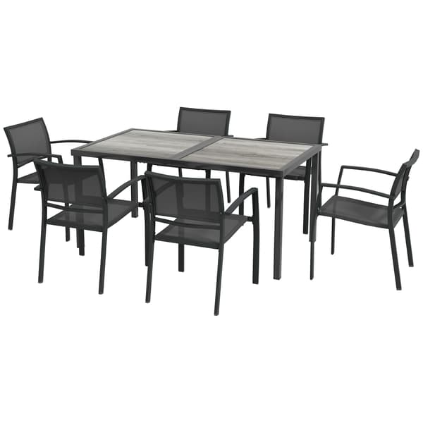 Utomhusmatgrupp med bord och 6 stapelbara stolar, grå