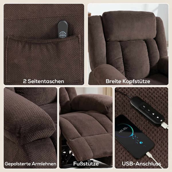 Elektrisk fåtölj med lyft, USB och sidofickor, brun