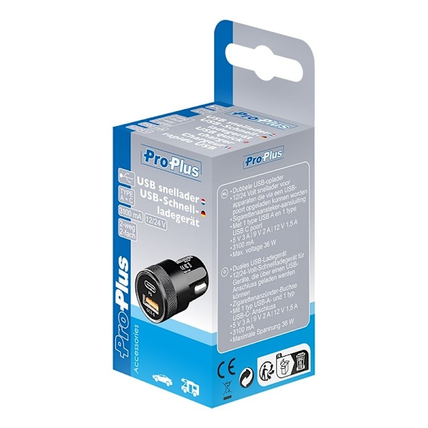 USB snabbladdare typ A + C 2-vägs 12/24V 3100mA