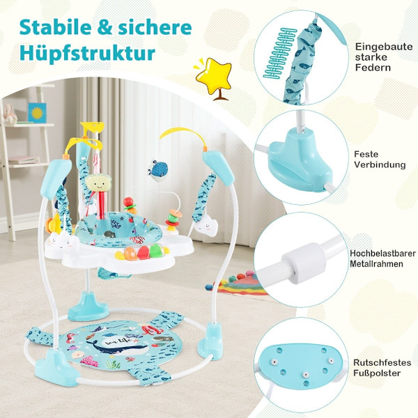 Baby Sky Jumperoo med justerbare højder & legetøj & spilleboks rollator lyseblå