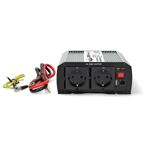 Växelriktare med modifierad sinusvåg | Inspänning: 24 V DC | Enhetens utgångsanslutning: Type F (CEE 7/3) / USB-A | 230 V AC 50 Hz | 1000 W | Toppeffe