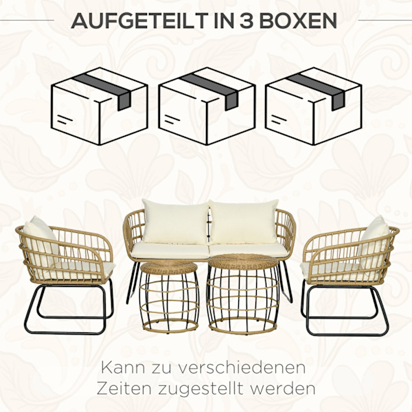5-Delt Havemøbelsæt I Rattan, Siddeområde Med Hynder, Havesæt Med 2 Sofaborde, 2 Lænestole, 1 Dobbelt Sofa, Siddesæt, Stål, Beige