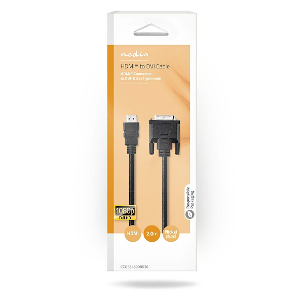 HDMI™ kabel | HDMI™ Stik | DVI-D 24 + 1-pin han | 1080p | Nikkelplateret | 2.00 m | Lige | PVC | Sort | Box