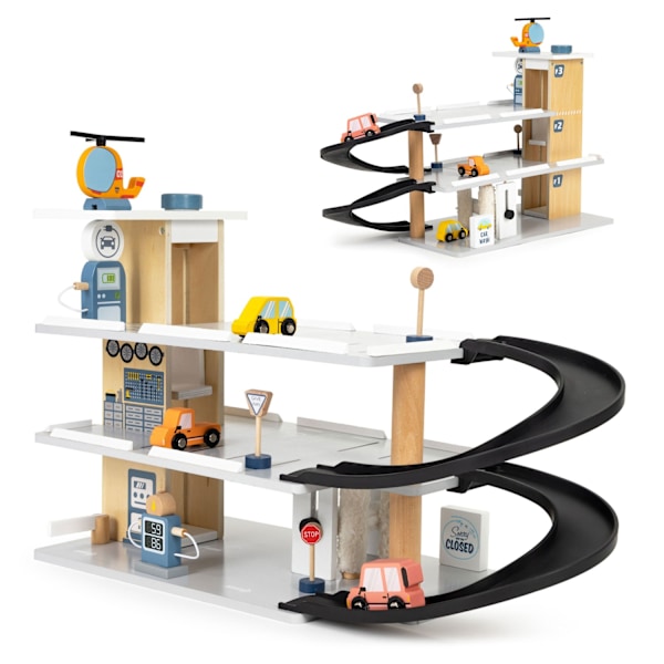Stor trægarage, parkeringsplads med elevator, biler, helikopter, ECOTOYS bilvask