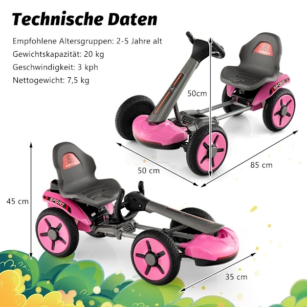 12V elektrisk gokart för barn med LED & 2-vägs justerbar ratt & stolsbelysning rosa