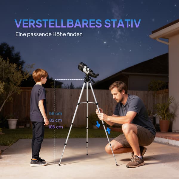 Teleskop med 70 mm lins, justerbart stativ, silver