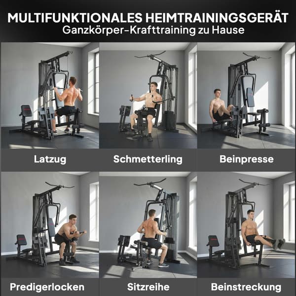 Hemmagymstation med benpress, justerbar sits, 65 kg vikter