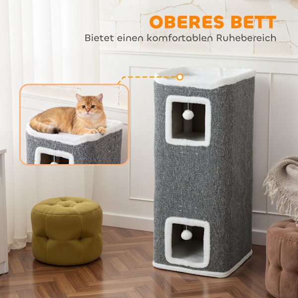 Kattetårn med 3 huler, grå, spånplade, legebolde