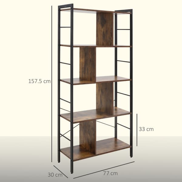 Rustik brun bokhylla med 5 våningar, metallram, 77x30x157,5 cm
