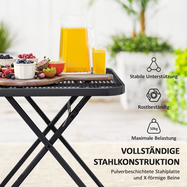 Fällbart trädgårdsbord 70 x 70 cm, väderbeständigt balkongbord, fällbart stålbord med utskuren design, utematbord, fyrkantigt sidobord, uteplatsbord f