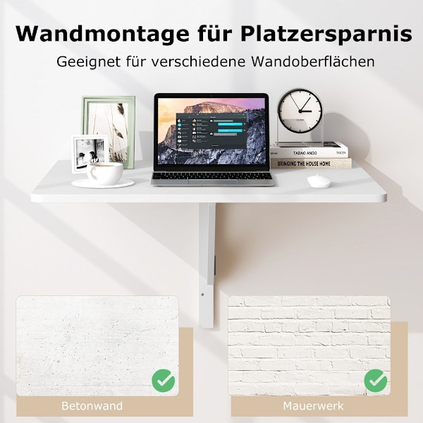 Vægmonteret klapbord Pladsbesparende køkkenbord Foldebart vægbord 80 x 60 cm Hvid