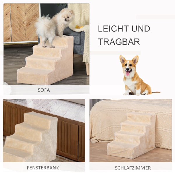 Husdjurstrappa 4-stegs hundramp med avtagbart skydd Katttrappa Hundtrappa Djurtrappa Spånskiva Plysch Beige 60 x 35 x 44 cm