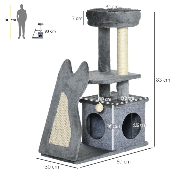 Raapimispylväs 83H Cm Kissapuu Raaputuslaudalla & Cat Cave, Kiipeilypuu Tasoineen Ja Ramppineen, Kissanlelu, Harmaa+Kermanvalkoinen