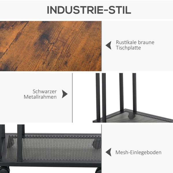 Sidebord C-Formet Rullevogn, Serveringsvogn, Sidebord, Træ + Metal, Sort + Valnød, 51X36X65 Cm