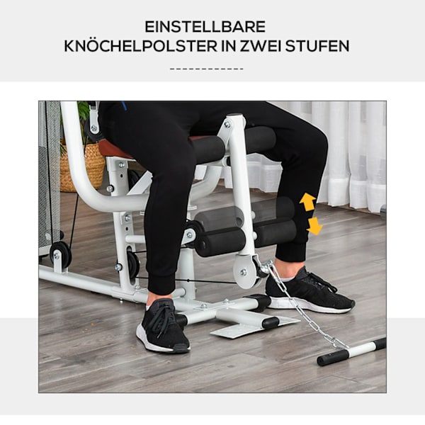 Fitness station til hjemmet, i alt 45 kg, med pressearm, benudvikler, rullepuder, PU syntetisk læder, 150 x 110 x 210 cm, hvid