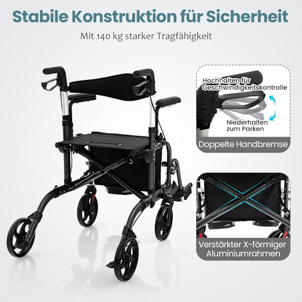 2-i-1 Rollator Gåstol & Kørestol, Sammenklappelig, Sort