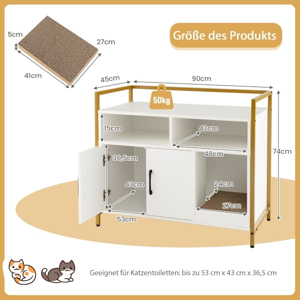 Hölje för katttoalett kattskåp med dubbla dörrar & skraplapp 89 x 45 x 74,5 cm vit