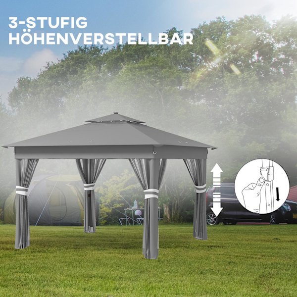 Outsolny Vikpaviljong Ca 3 X 3 M, Paviljong Med Led, 4 Nätgardiner, Sidovägg, Trädgårdspaviljong Med Vattenpåse, Dubbeltak, Bärväska, Mörkgrå.