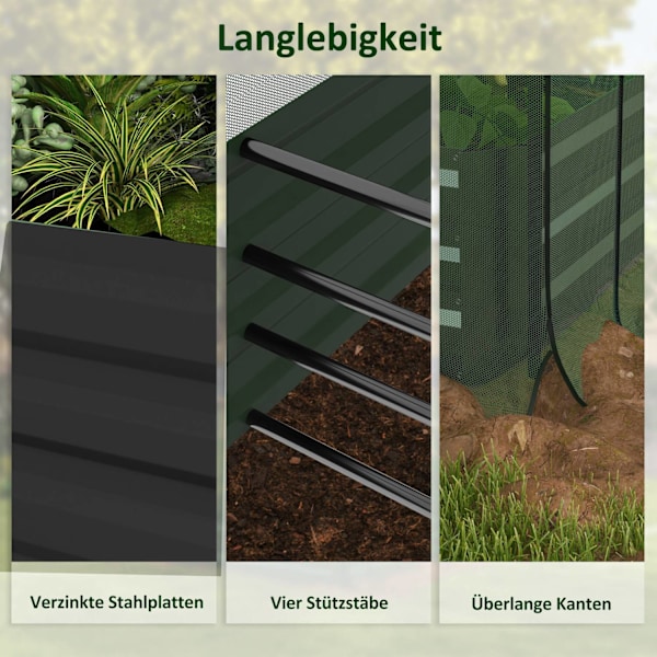 Højbed i stål med fuglebeskyttelsesnet, mørkegrå haveseng til altan og terrasse, 230x110x110cm, ideel solafskærmning