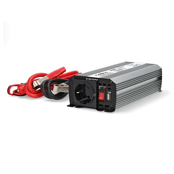 Växelriktare med modifierad sinusvåg | Inspänning: 12 V DC | Enhetens utgångsanslutning: Type F (CEE 7/3) / USB-A | 230 V AC 50 Hz | 600 W | Toppeffek