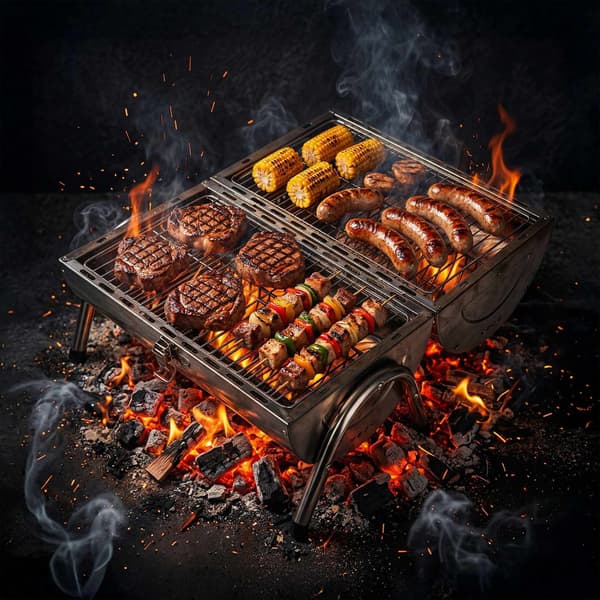 Sammenklappelig bordgrill i rustfrit stål med 2 riste