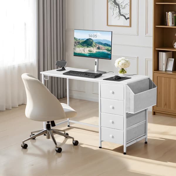 Computerbord, 120 cm, 4 stofskuffer, vendbart, hvidt